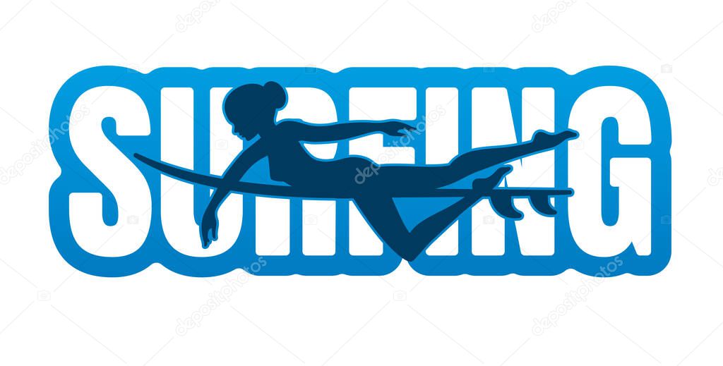 Vector sticker silhouette of a surfer girl and text Surfing. Isolated on white background.