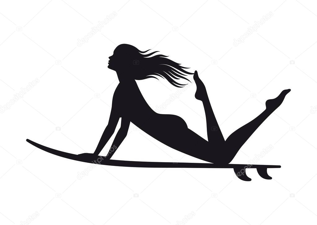 Vector black sticker silhouette of a surfer girl. Isolated on white background.