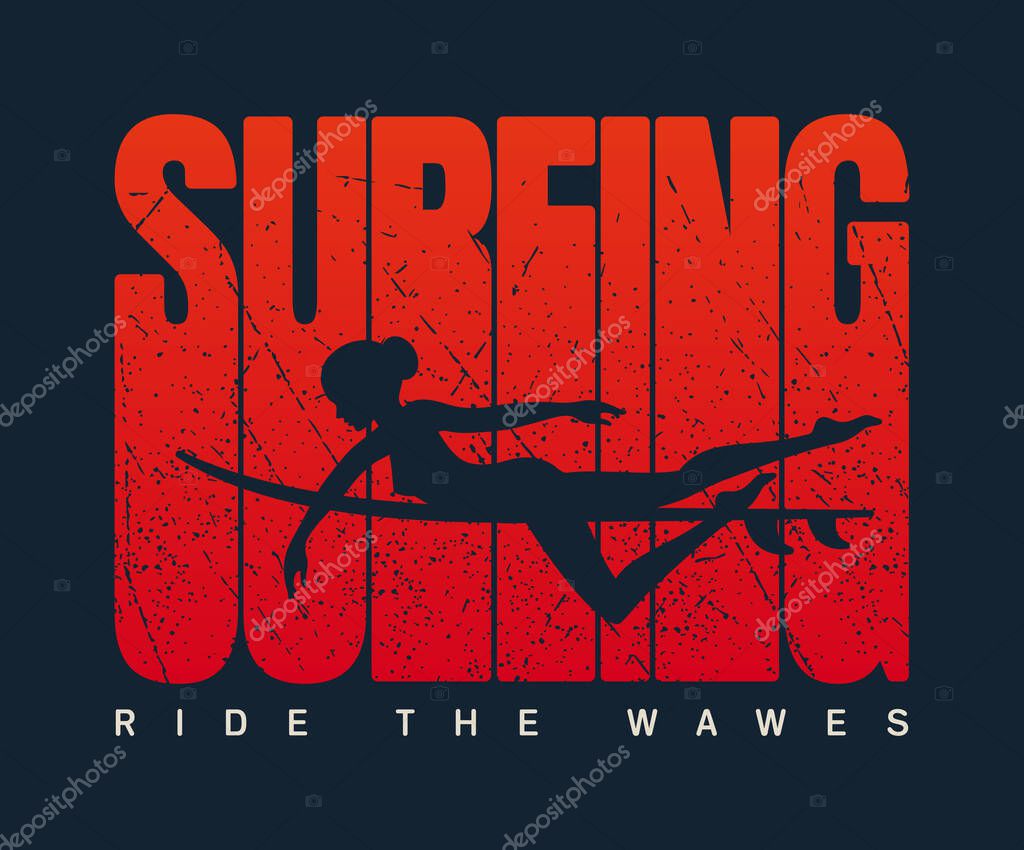 Vector surfer girl and text Surfing ride the wawes. Dark blue background.
