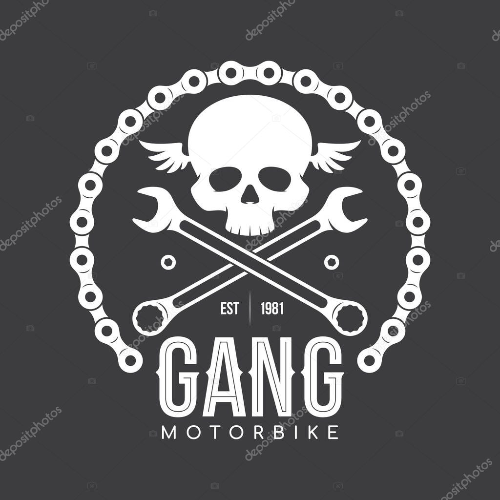 Vector white vintage biker emblem - tattoo with skull, chain,...