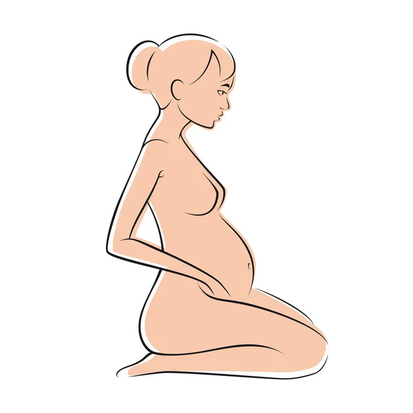 Vector Line Sitting Pregnant Color Woman Isolated White Background — Stock Vector