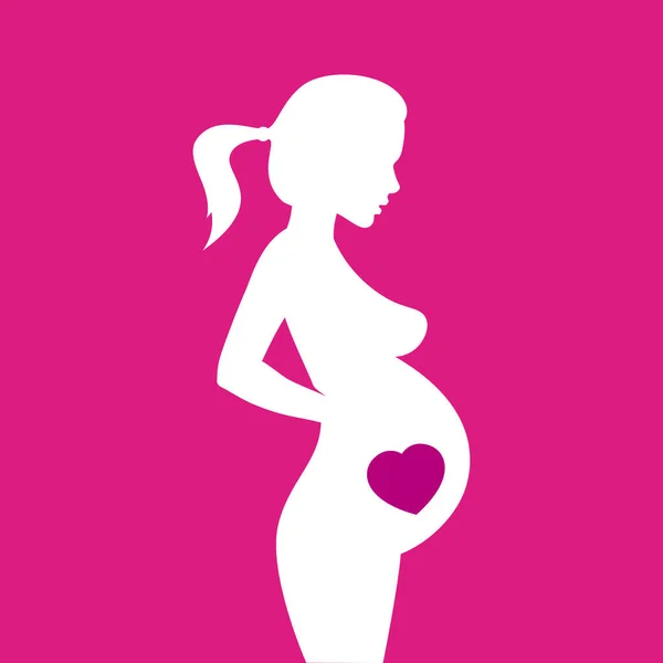 Silhouette Pregnant Woman Heart Pink Background — Stock Vector