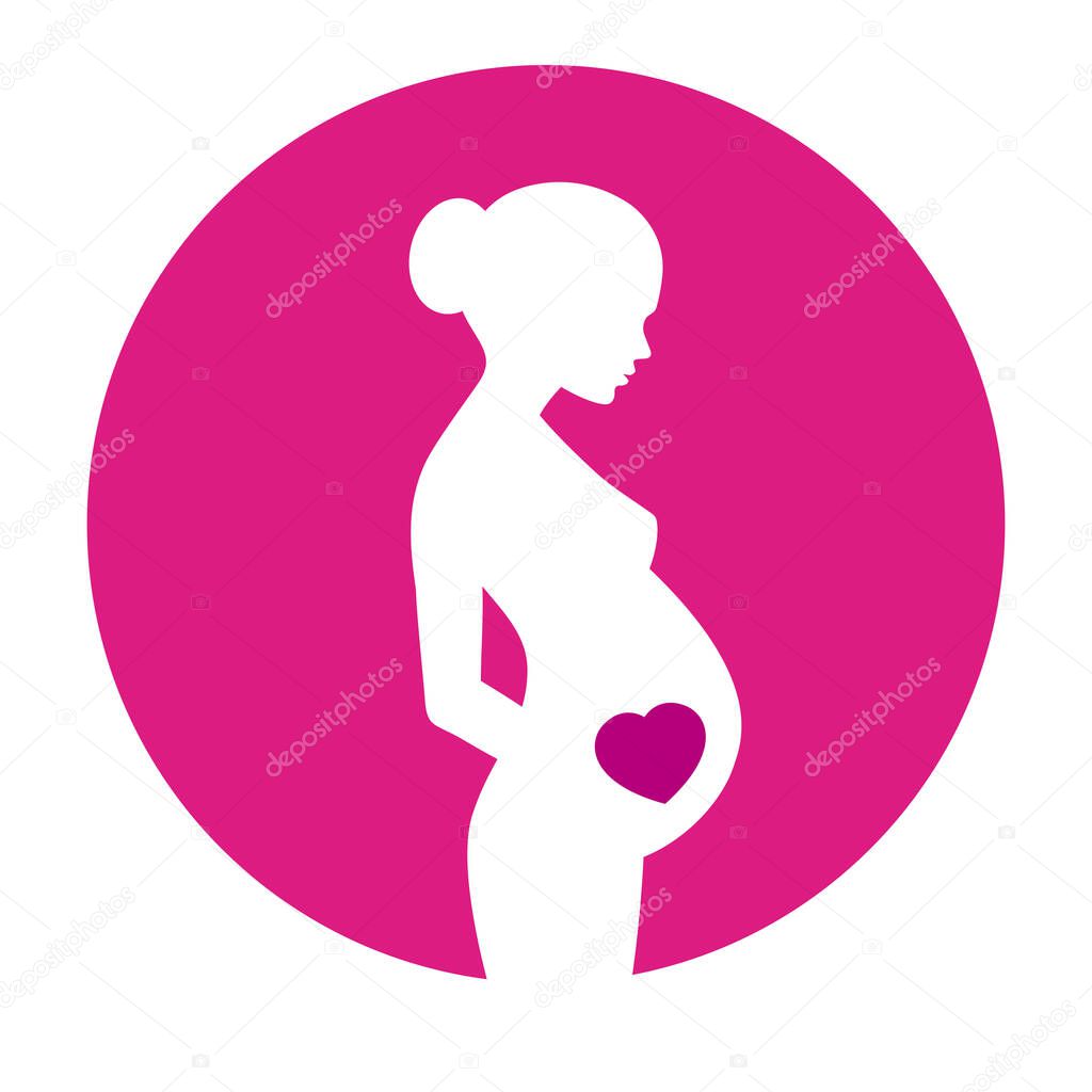 Silhouette of pregnant woman with heart on pink background - Vector