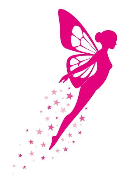 蝶の翼を持つかわいい飛行女性のベクトルピンクのシルエット 白地に隔離された — ストックベクタ