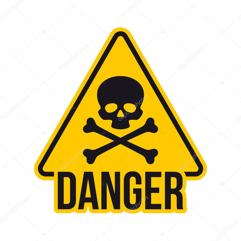Vector yellow hazard warning symbol of death with text danger. Isolated on white background.