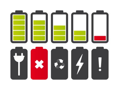 Vektör batarya simgeleri ayarlandı. Beyaz arkaplanda izole.