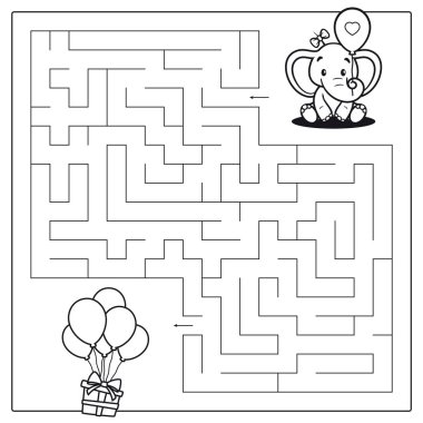 Fil ile vektör eğitim labirenti oyunu. Hediye arayan şirin bir fil..