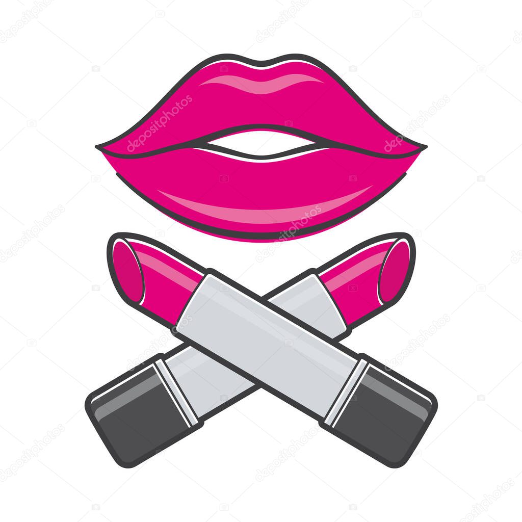 Vector symbol fashion pirate. Image of lip with crossed lipstick. Isolated on white background.