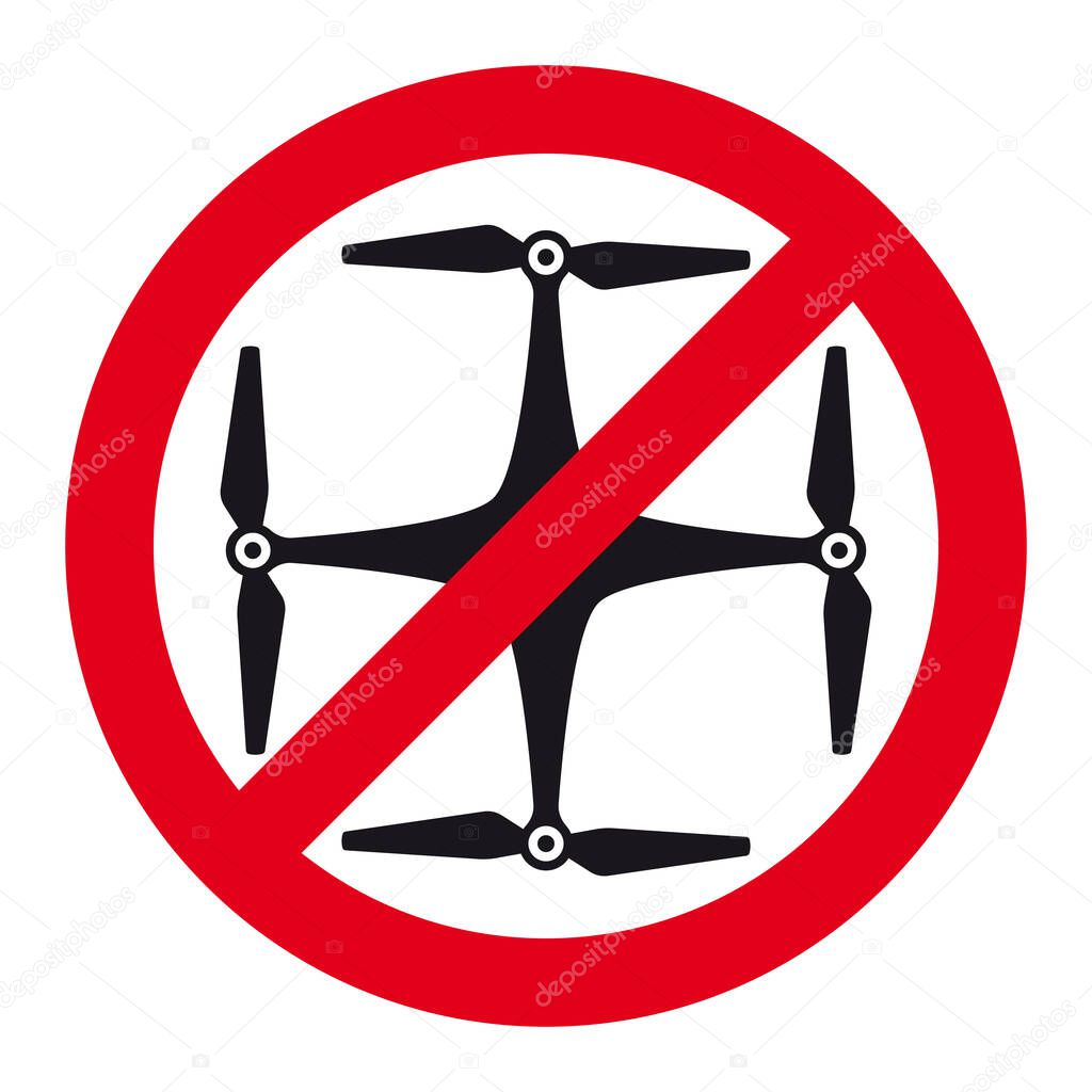 Vector red circle sign - flights with drone prohibited zones. Isolated on white background.