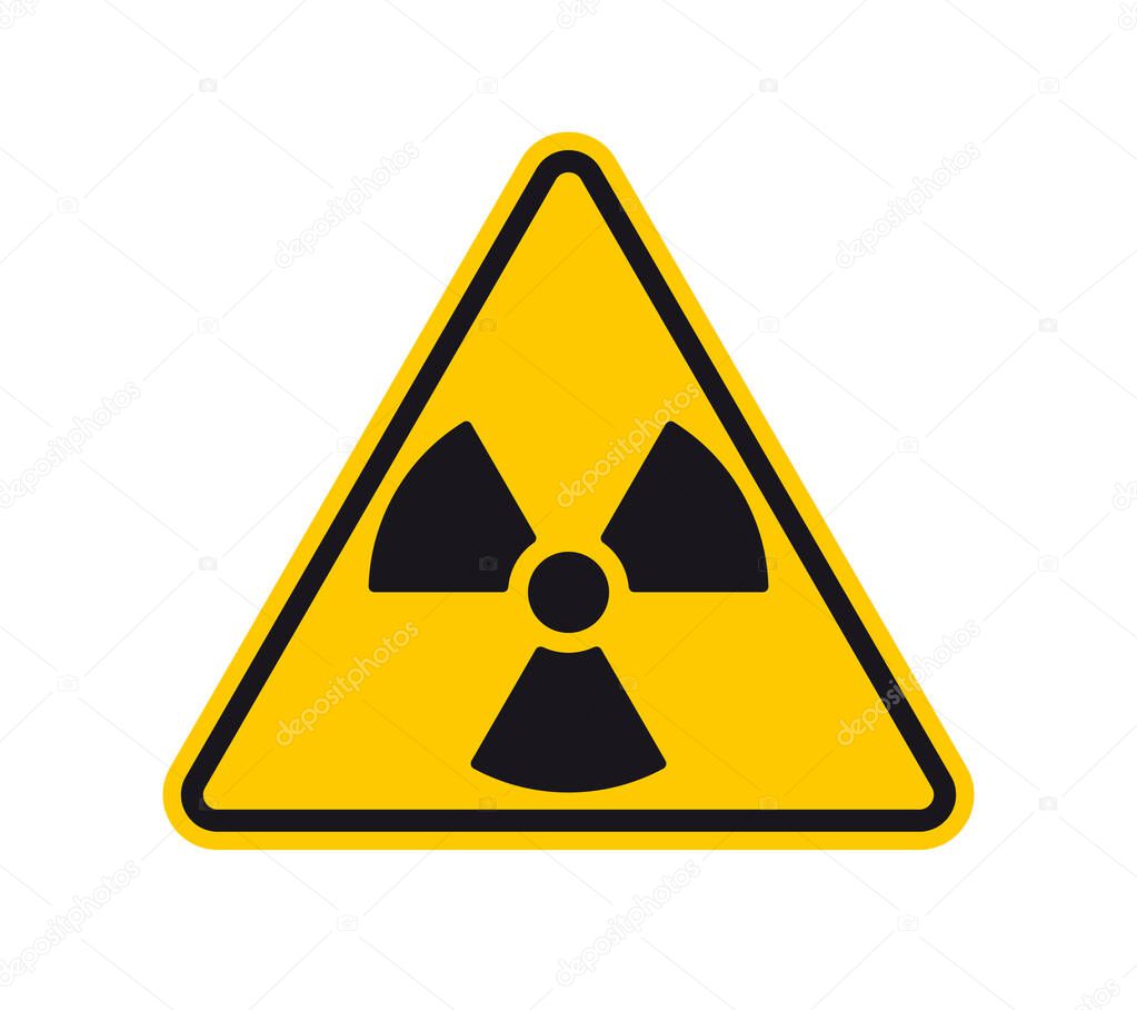 Vector yellow triangle sign - black silhouette radiation. Isolated on white background.