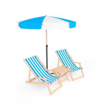 Üç boyutlu güneş plajı şemsiyesi, iki katlanabilir sandalye, kumaş kaplı, deniz şablonu ve ahşap masa.