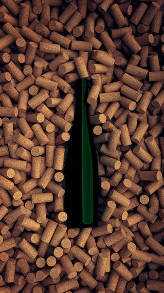 Weinflasche Ohne Etikett Liegt Einem Korkenstapel — Stockfoto
