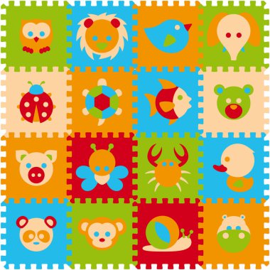 Vector köpüklü bebek minder hayvanları bulmacası oynuyor. Baykuş, aslan, kuş, fil, uğur kuşu, kaplumbağa, balık, ayı, domuz, kelebek, yengeç, ördek, panda, maymun, salyangoz, su aygırı. Beyaz arkaplanda izole