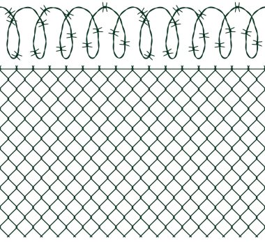 Vektör koyu yeşil çit. Beyaz arka planda, dikenli telli koyu yeşil çitin üzerinde. Beyaz arka planda izole edilmiş. Endüstriyel / Parks / Açık hava