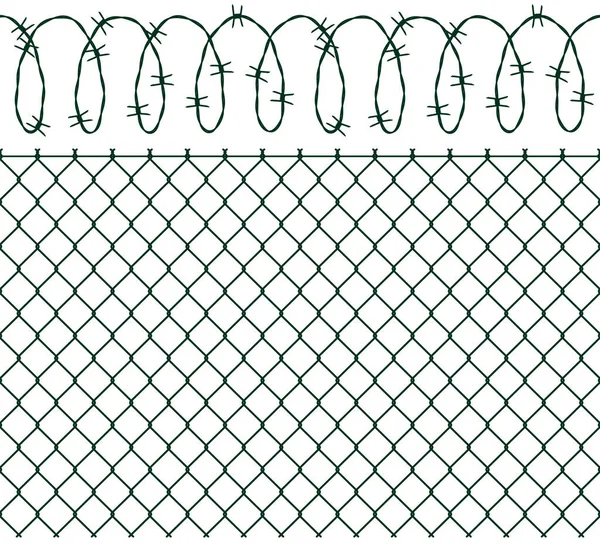 向量深绿色栅栏 在白色的背景上 有刺铁丝网的深绿色篱笆 在白色背景下隔离 — 图库矢量图片