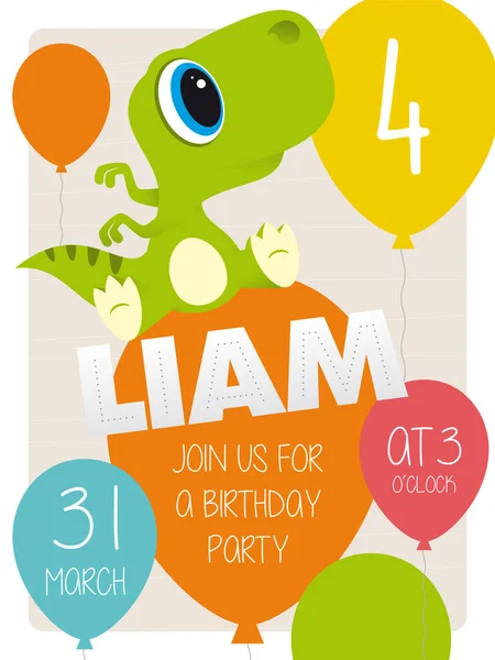 Liam 3Th Aniversário Festa Convite Cartão Com Sentado Dinossauro —  Vetores de Stock
