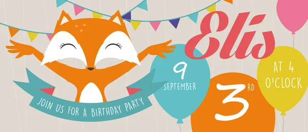 Doğum Günü Partisi Davetiyesi Ile Fox Vektör — Stok Vektör