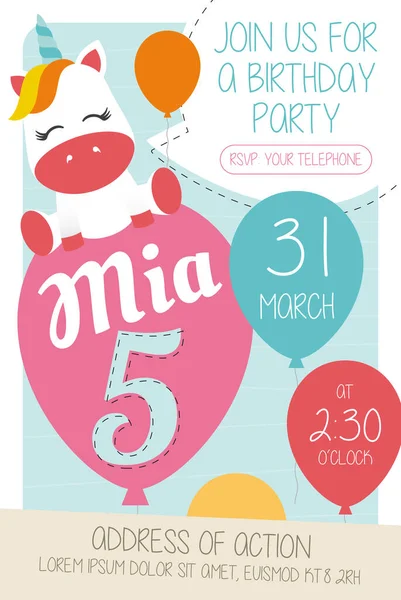 5Th Mia Cartão Convite Festa Aniversário Com Unicórnio —  Vetores de Stock