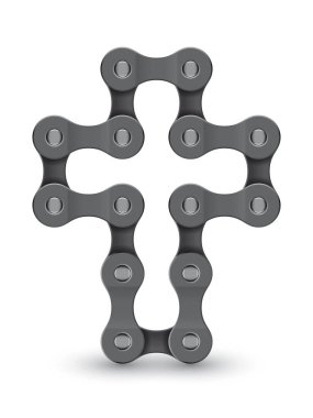 Bisiklet zincirinden yaratılmış gerçekçi Hıristiyan haç sembolü. Beyaz arkaplanda izole.