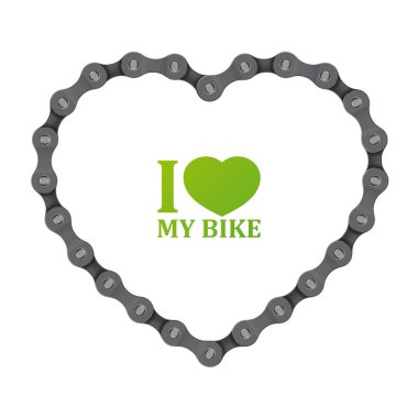 Bisikletimi seviyorum yazısıyla uzun bisiklet zincirinden yaratılmış gerçekçi bir kalp. Beyaz arkaplanda izole.