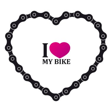 Bisikletimi seviyorum yazısıyla uzun bisiklet zincirinden yaratılmış gerçekçi bir kalp. Beyaz arkaplanda izole.