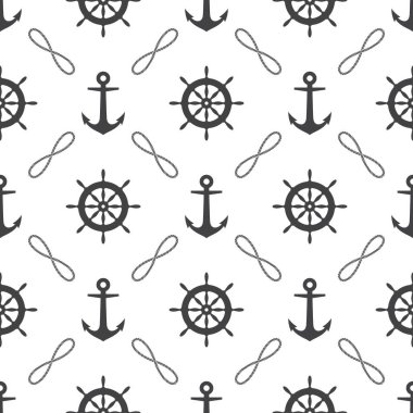 İpler, çapalar ve dümenle kusursuz desen. Deniz teması.