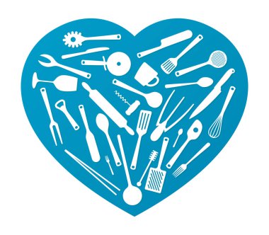 Vektör mavi kalp siluetini beyaz ikon set mutfak gereçleri ile izole etti. Beyaz arkaplanda izole.