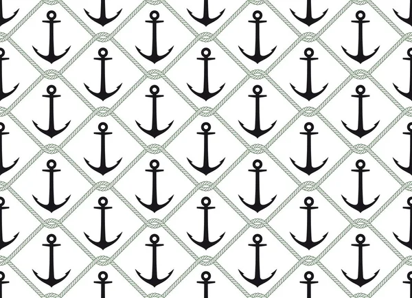 Seamless Vector Texture Black Steel Ship Anchor Intertwined Ropes White — Stock Vector