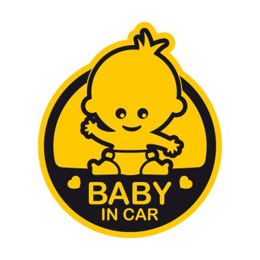Bebek ve bebek yazılı sarı işaretli taşıyıcı. İzole edilmiş beyaz arkaplan.