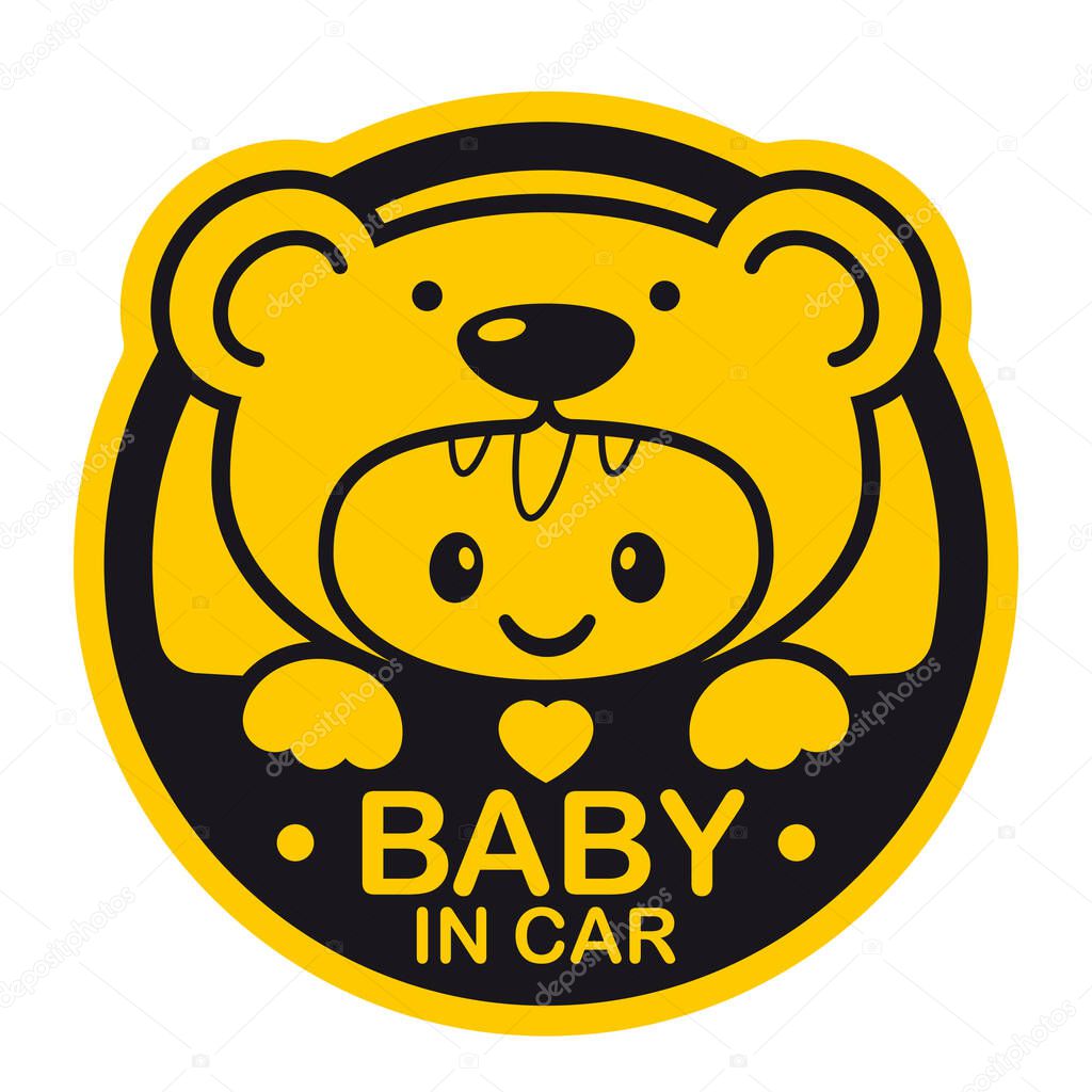 Vector yellow circle sign with baby in teddy bear costume and text - Baby in car. Isolated white background.