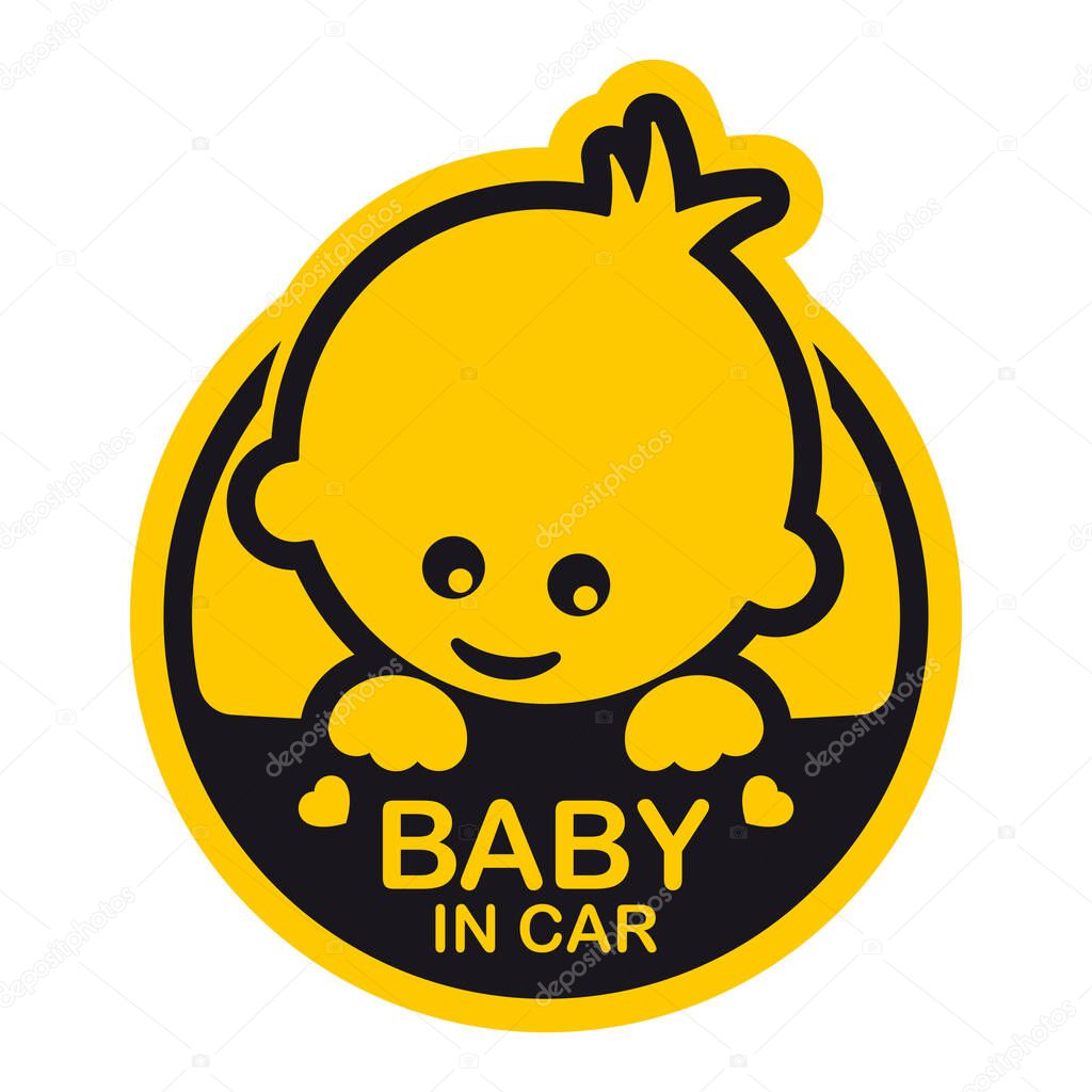 Vector yellow circle sign with baby and text - Baby in car. Isolated white background.