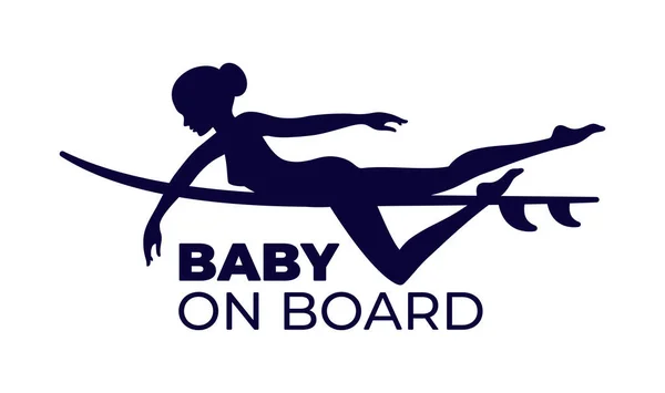 Vector Zwarte Sticker Baby Aan Boord Silhouet Van Een Surfer — Stockvector