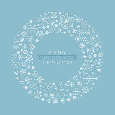 Arkaplanda kar tanelerinden oluşan bir Noel çelengi var. Mutlu Noeller ve mutlu yıllar mesajıyla. Mavi arkaplan