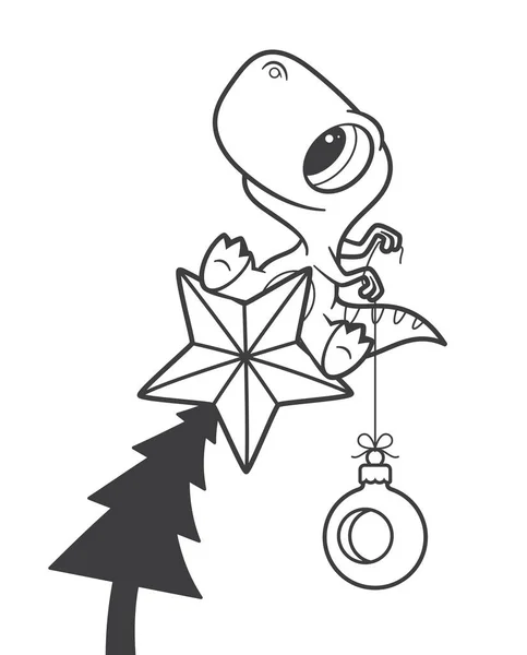 Векторная Рождественская Тема Забавный Динозавр Сидящий Рождественской Елке Звездой Держу — стоковый вектор