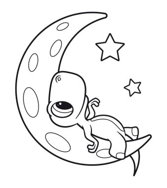 Siyah çizgili taşıyıcı çizgi film bebek dinozoru Ay 'da yatıyor. Beyaz arkaplanda izole.