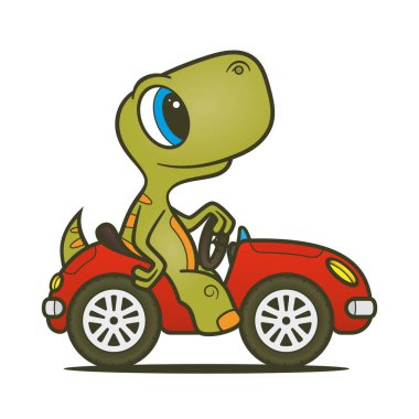 Kırmızı arabadaki vektör renkli bebek dinozor. Beyaz arkaplanda izole.