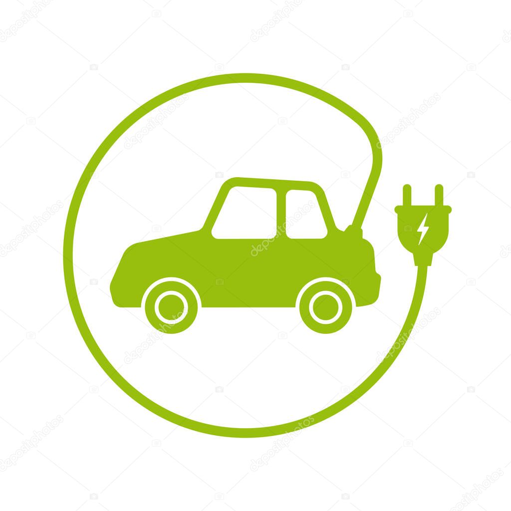 Vector green circular icon electric car. Isolated on white background.