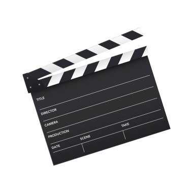 Boş ve gerçekçi bir film kapağı. Film alkışlama tahtası. Beyaz arkaplanda izole