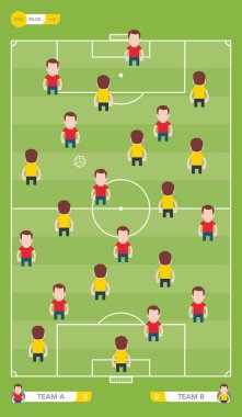 Futbolcularla vektör futbol sahası. Hava görünümü.