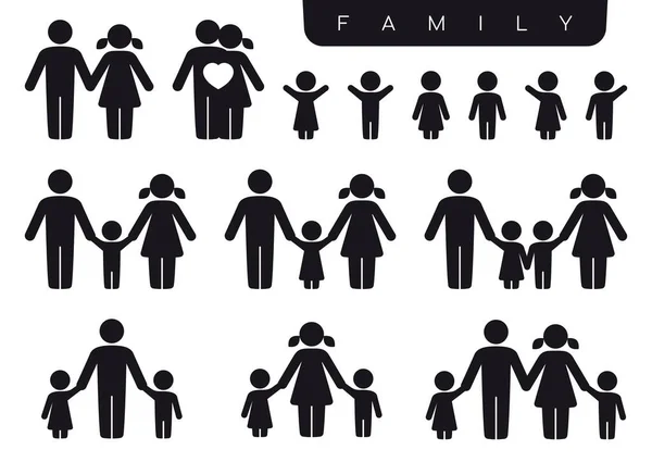 Vector Schwarze Silhouette Icon Set Familie Frau Mann Partner Kinder — Stockvektor