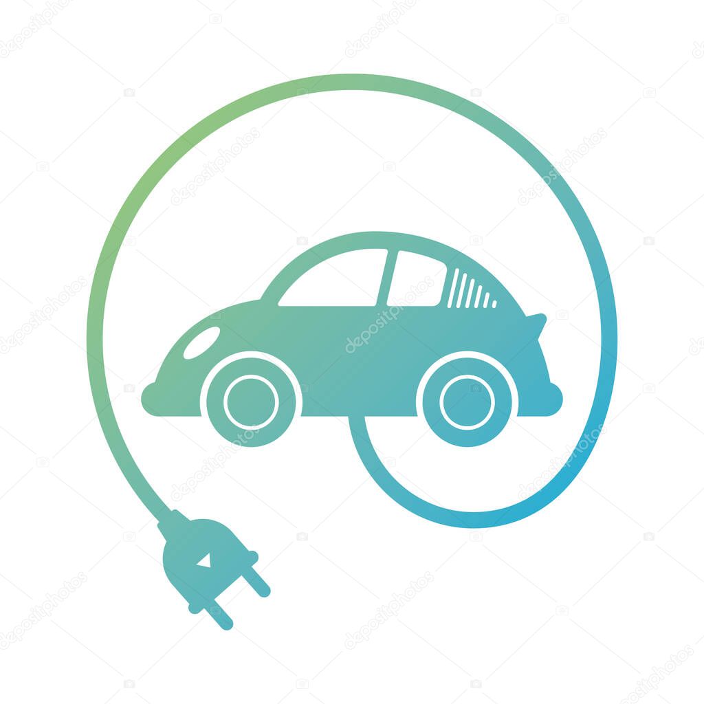 Vector green line circular icon electric car. Isolated on white background.