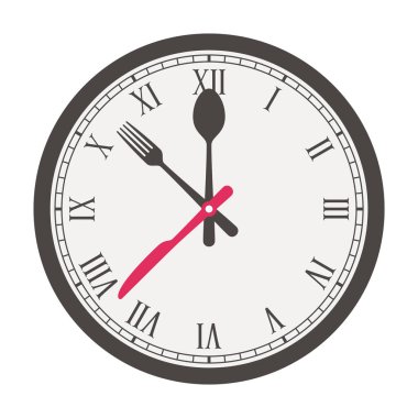 Romalı numaraları ve çatal bıçaklı elleri olan eski bir saat. Beyaz arkaplanda izole.