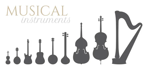Vector Black Silhouettes Musical Instruments Violin Mandolin Guitar Banjo Sitar — Stock Vector