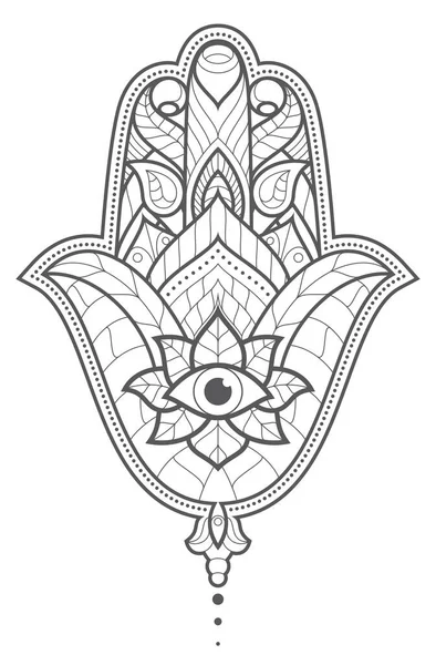 Indiai Fekete Vonalú Kéz Hamsa Vagy Fatima Keze Harmadik Szemmel — Stock Vector