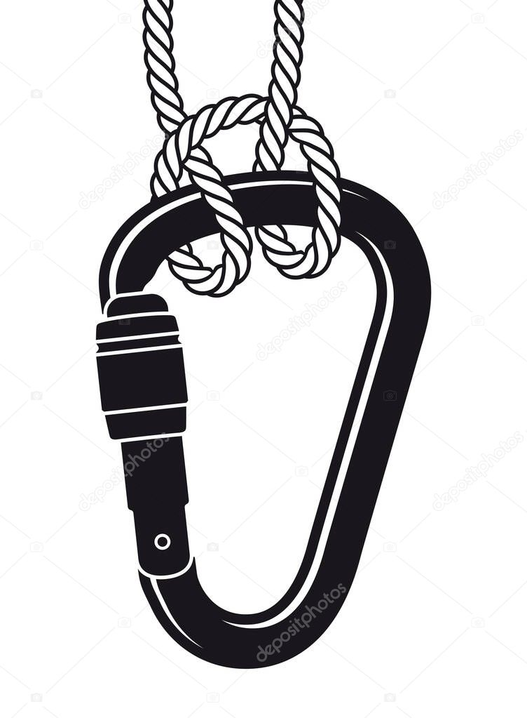 Vector climbing screw gate carabiner with rope. Isolated on white background.