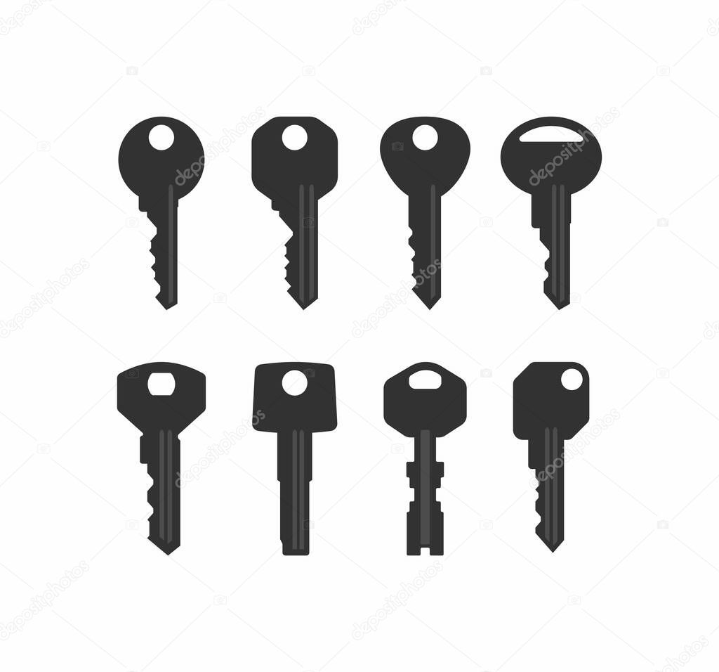 Vector black silhouette key hanging on the door with hand. Isolated on white background.
