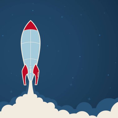 Vektör gece bir uzay roketi ateşliyor. Mavi arka plan. Şablon.