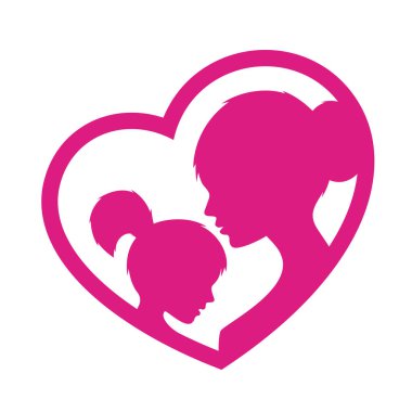 Mor ikon kalbi, siluet bir anne ve küçük bir kız. Beyaz arkaplanda izole