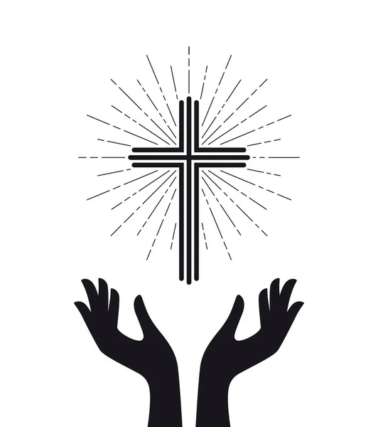 Eglise Logo Vectoriel Croix Chrétienne Catholique Rayonnante Avec Les Mains — Image vectorielle