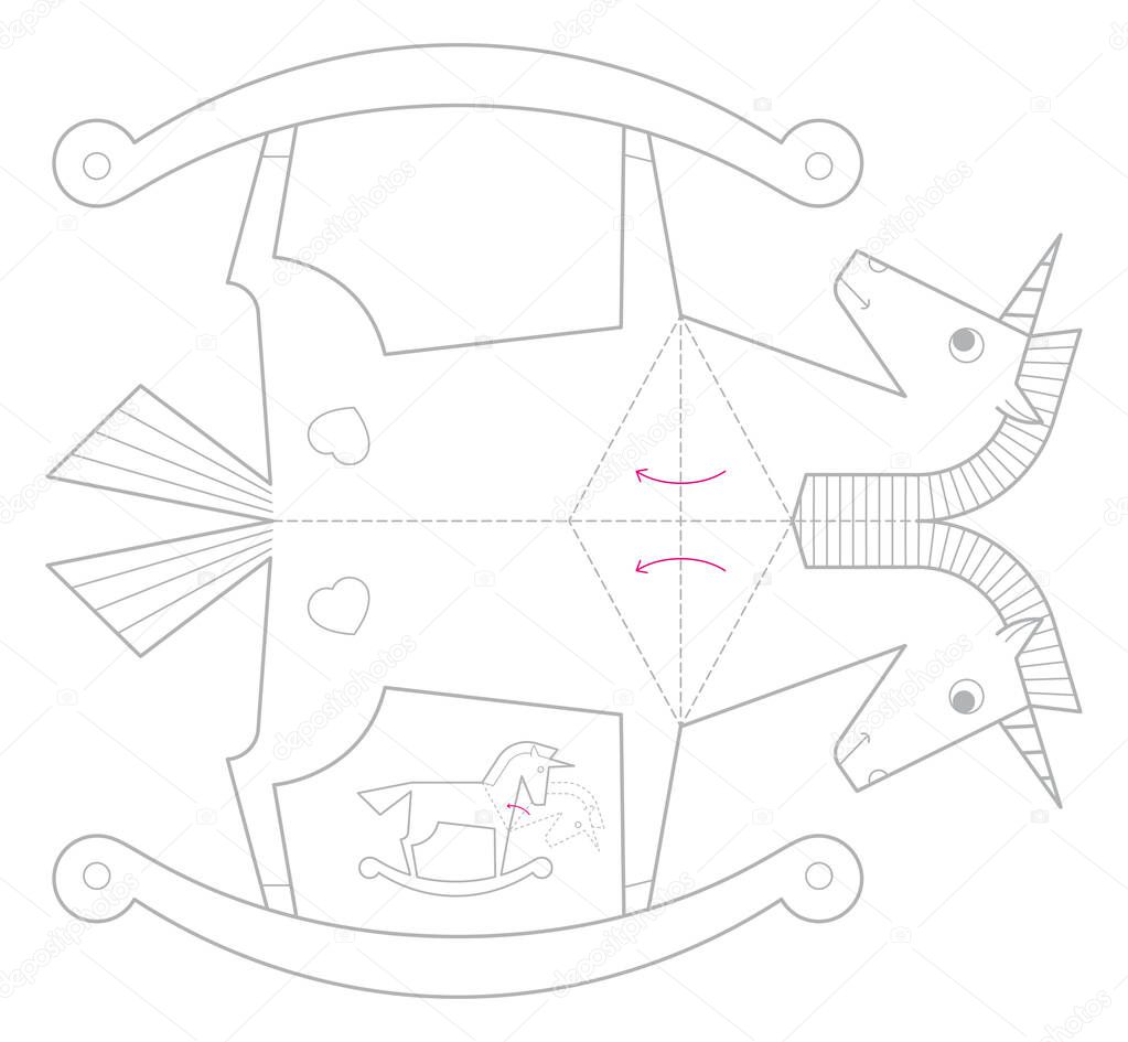 Vector lines cut paper rocking horse. Isolated on white background.